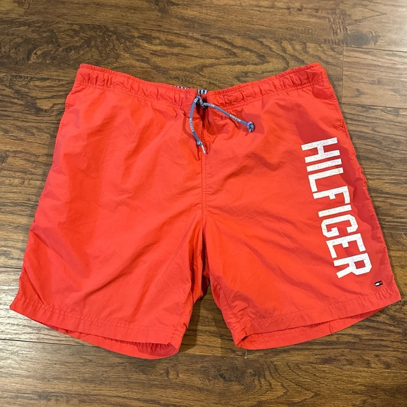 Tommy Hilfiger Men's Swim Trunks Red Netting Pockets Drawstring Logo - Picture 1 of 7
